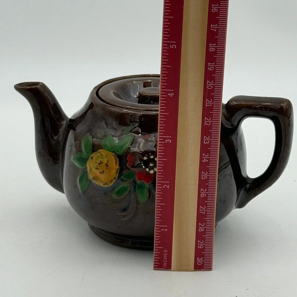 Vintage Made in Japan Brown Glazed Ceramic Floral Teapot Hand Painted 4.5 Inch